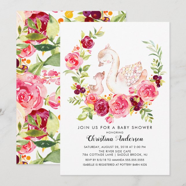 Invitation Baby shower de cygne maman et bébé (Devant / Derrière)