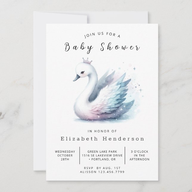 Invitation Baby shower de cygne modifiable (Devant)