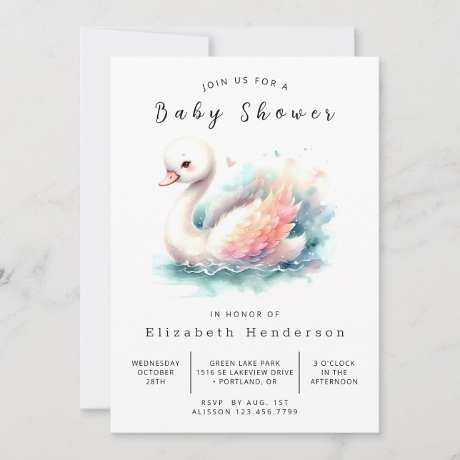 Invitation Baby shower de cygne modifiable (Devant)