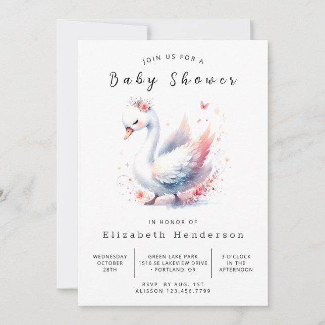 Invitation Baby shower de cygne modifiable aquarelle (Devant)