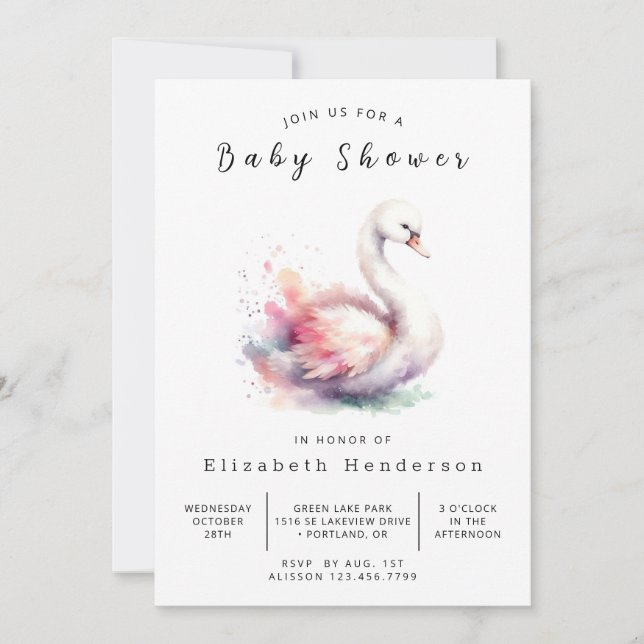 Invitation Baby shower de cygne modifiable aquarelle (Devant)