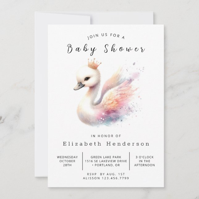 Invitation Baby shower de cygne modifiable enchanté (Devant)