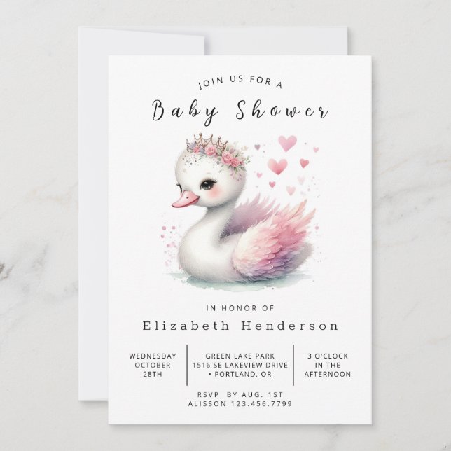 Invitation Baby shower de cygne modifiable enchanté (Devant)
