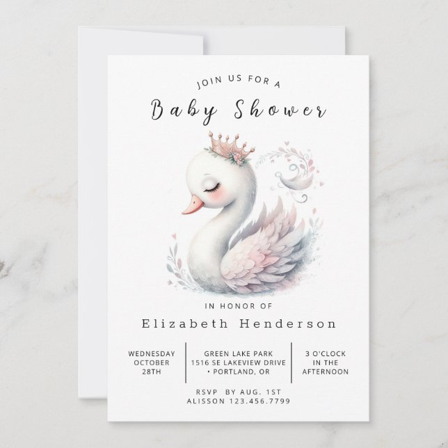Invitation Baby shower de cygne modifiable gracieux (Devant)