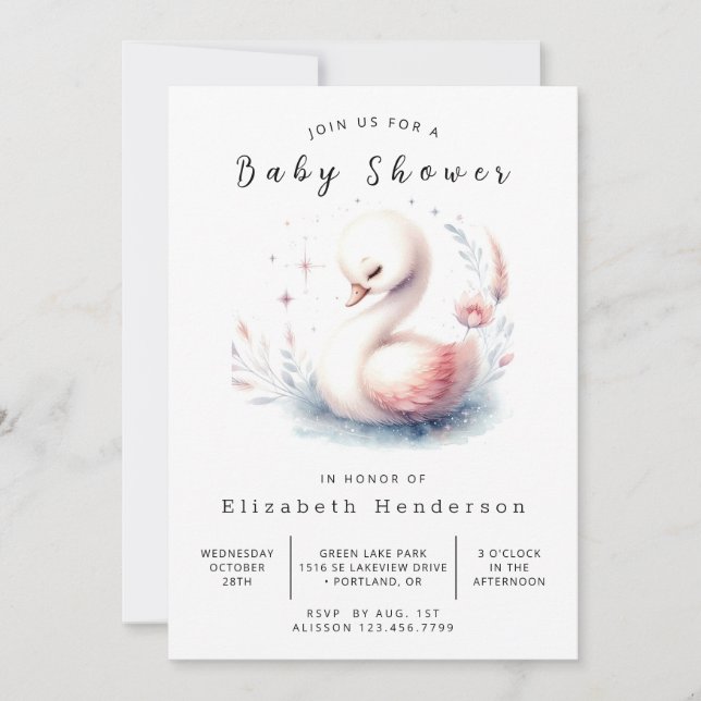 Invitation Baby shower de cygne modifiable Whimsy (Devant)