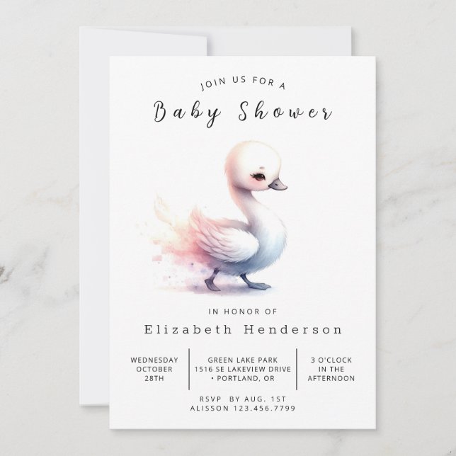 Invitation Baby shower de cygne modifiable Whimsy (Devant)