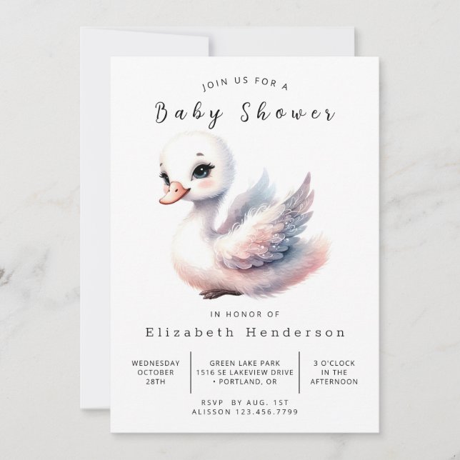 Invitation Baby shower de cygne modifiable Whimsy (Devant)