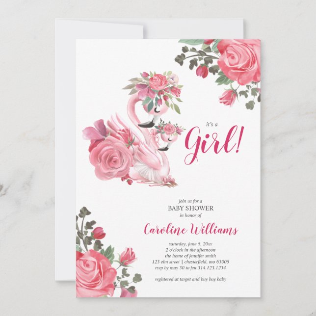Invitation Baby shower de cygne rose (Devant)