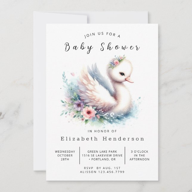 Invitation Baby shower de cygne simple modifiable (Devant)
