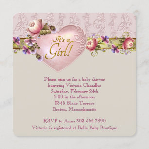 Invitation Baby shower de Damas roses à fleur de coeur d'ivoi