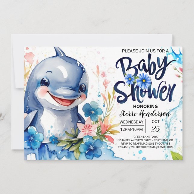 Invitation Baby shower de dauphins floraux de mer bleue (Devant)
