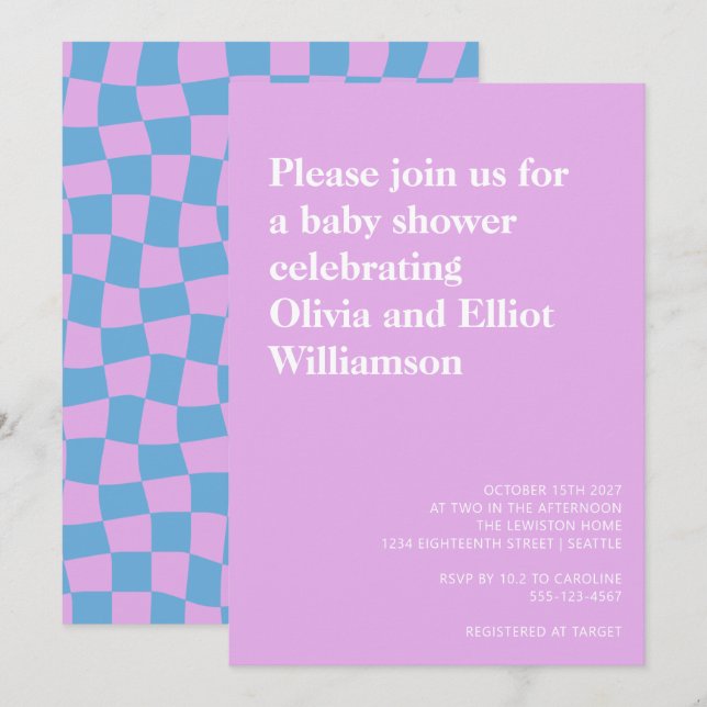 Invitation Baby shower de découpe super Lavender Checkerboard (Devant / Derrière)