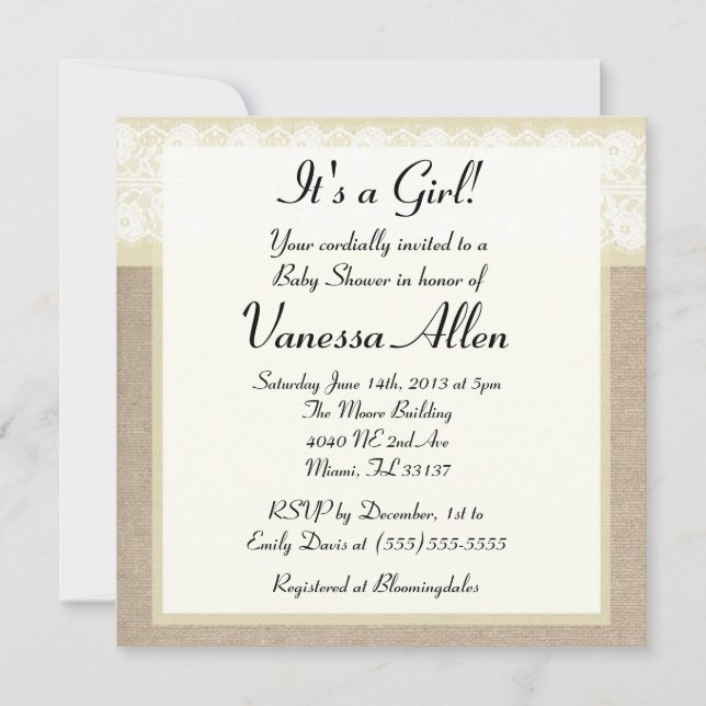Invitation Baby shower de dentelle beige Burlap (Devant)