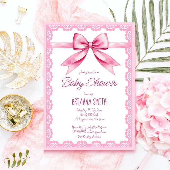 Invitation Baby shower de dentelle rétro à arc rose (Pink bow retro lace baby shower editable template invitation instant download cute girly pink)