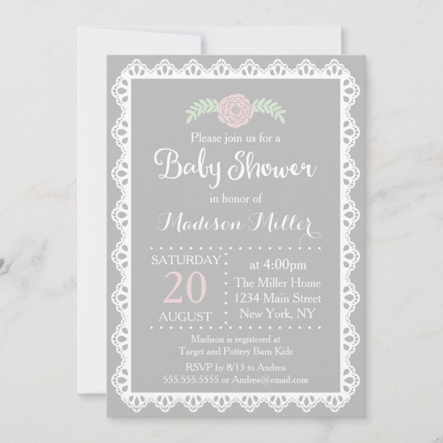 Invitation Baby shower de dentelle rose rustique et blanc (Devant)
