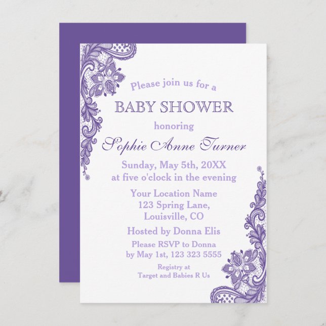 Invitation Baby shower de dentelle ultra violet moderne Invit (Devant / Derrière)