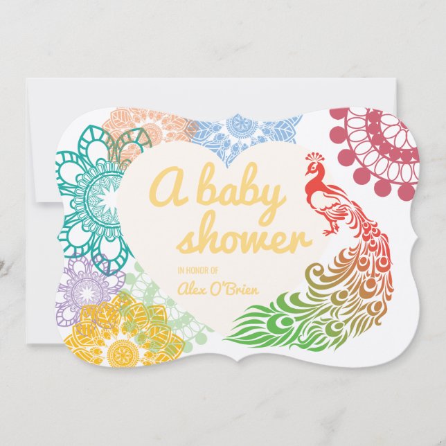 Invitation Baby shower de dessin de paon floral coloré (Devant)