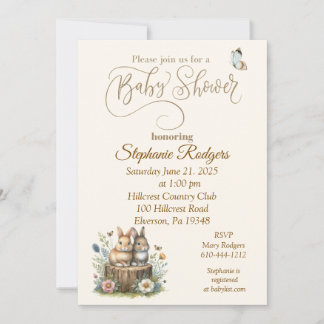 Invitation Baby shower de deux lapins et papillons