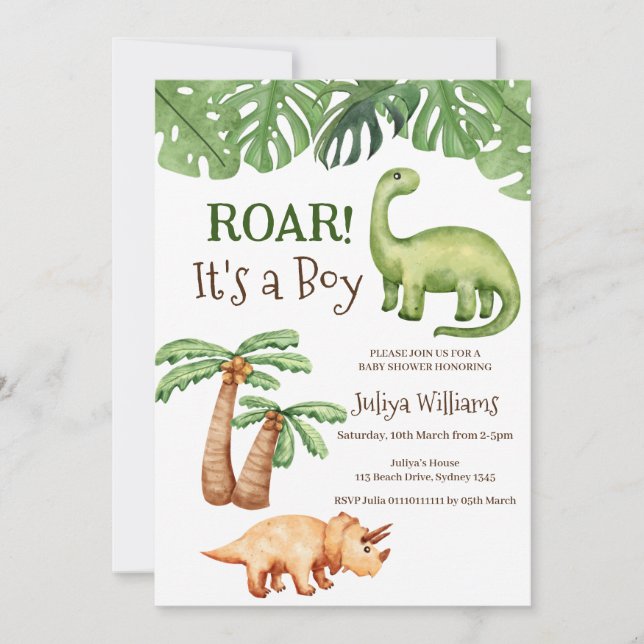 Invitation Baby shower de dinosaure tropical (Devant)