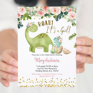 Invitation Baby shower de dinosaure tropical rose floral