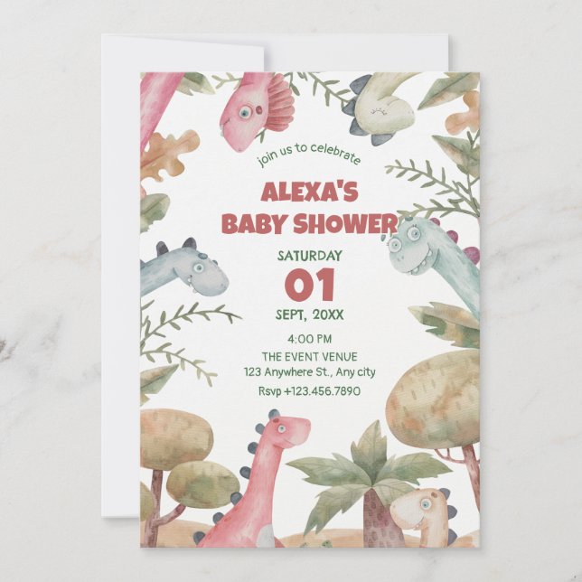 Invitation Baby shower de dinosaures (Devant)