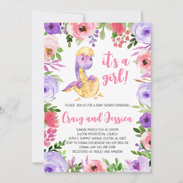 Invitation Baby shower de dinosaures florales violettes et ro (Devant)