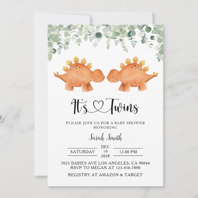 Invitation Baby shower de Dinosaures jumeaux (Devant)