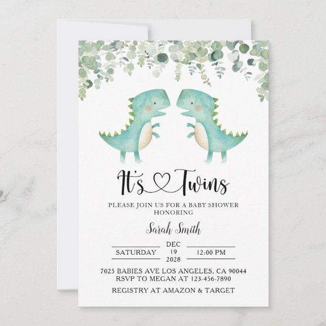 Invitation Baby shower de Dinosaures jumeaux (Devant)