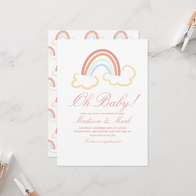 Invitation Baby shower de doodle gris arc-en-ciel (Devant/Arrière en situation)