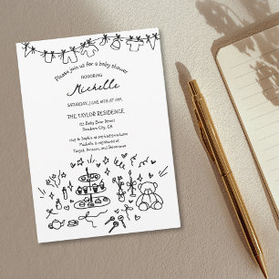 Invitation Baby shower de doodle mignon à main blanche