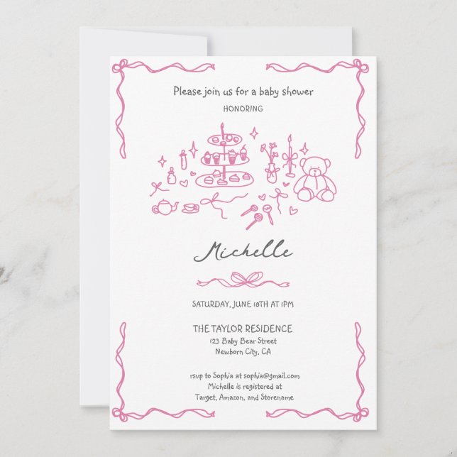 Invitation Baby shower de doodle rose blanc à main (Devant)
