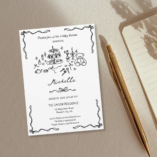 Invitation Baby shower de doodle unique à main lunaire