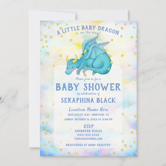 Invitation Baby shower de dragon bleu mignon (Devant)