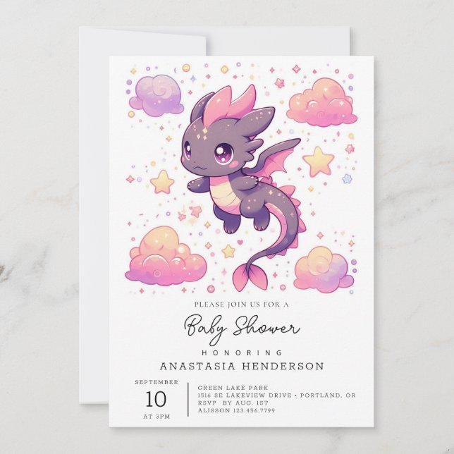 Invitation Baby shower de dragon doux pour dessin animé (Devant)