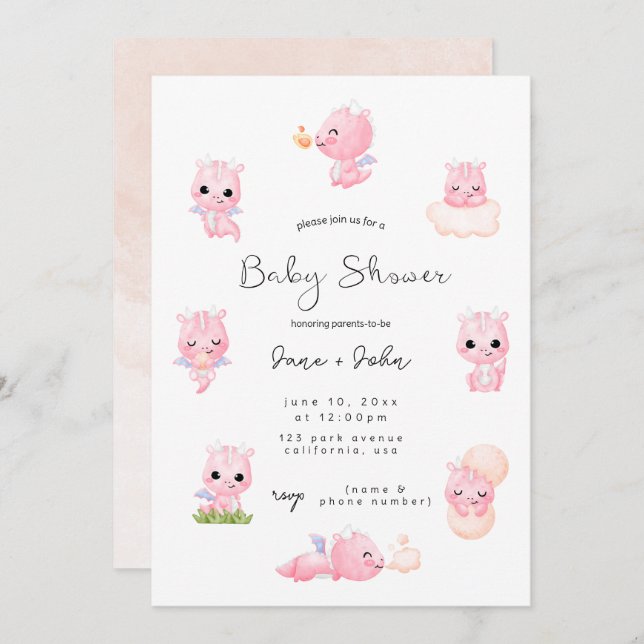 Invitation Baby shower de dragon rose (Devant / Derrière)