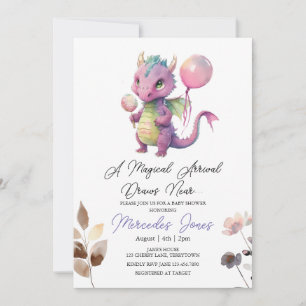 Invitation Baby shower de dragon rose d'aquarelle florale