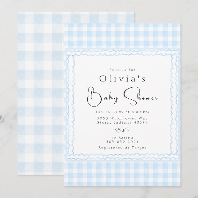 Invitation Baby shower de En vichy bleu brillant (Devant / Derrière)