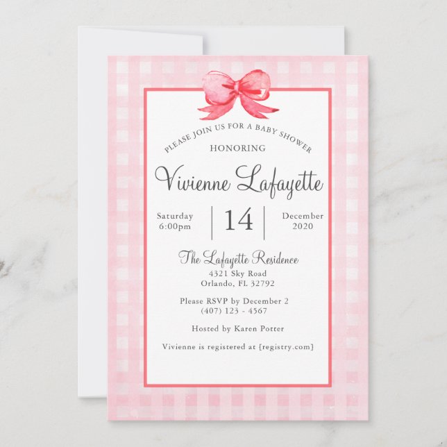 Invitation Baby shower de En vichy de la Bow rouge rose (Devant)