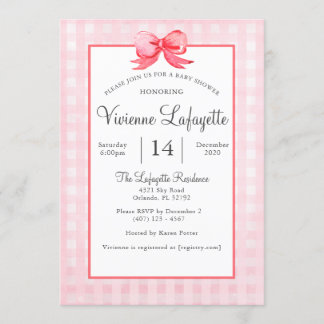 Invitation Baby shower de En vichy de la Bow rouge rose
