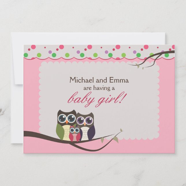 Invitation Baby shower de famille de hibou pour la fille (Devant)