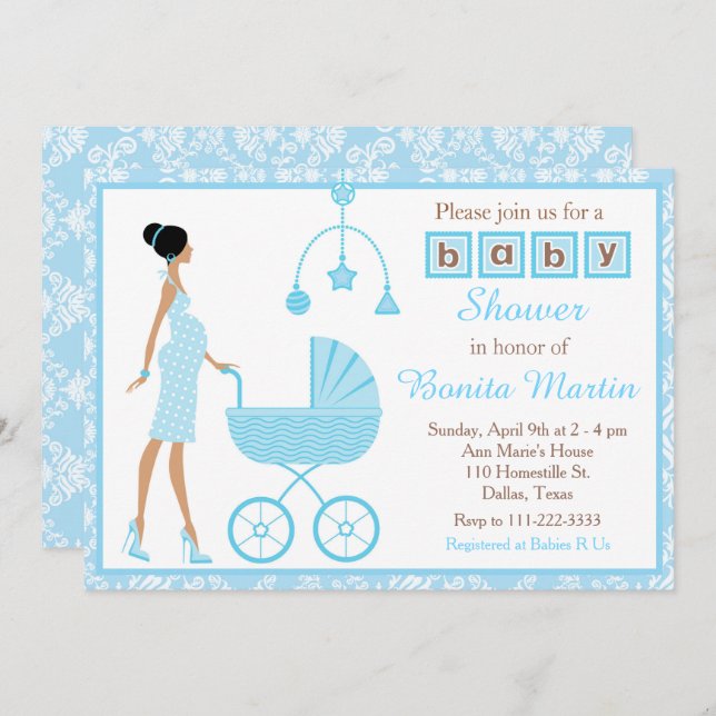 Invitation Baby shower de femme afro-américaine Blue Damask (Devant / Derrière)