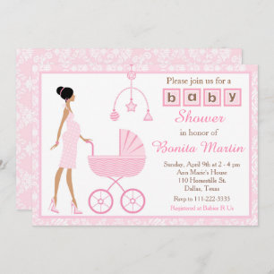 Invitation Baby shower de femme afro-américaine rose Damask