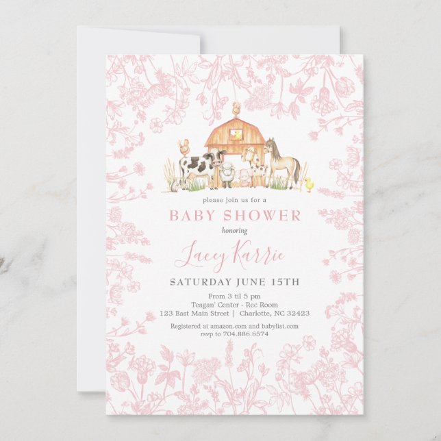 Invitation Baby shower de ferme rose (Devant)