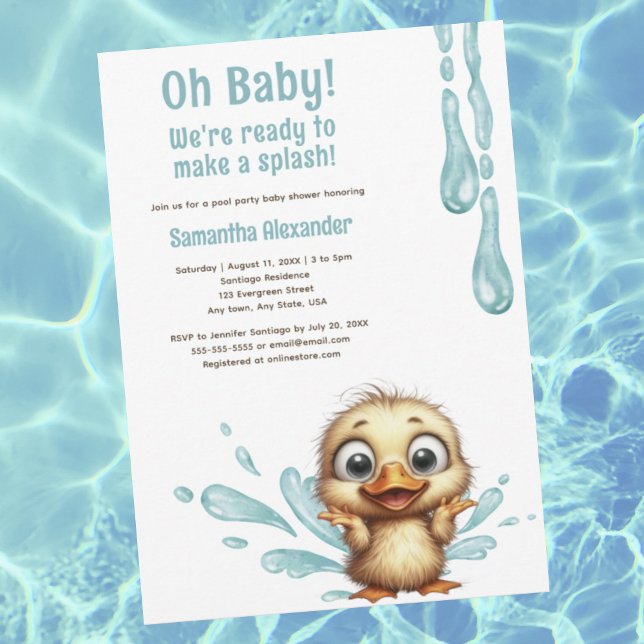 Invitation Baby shower de fête de piscine (Oh Baby! Pool party baby shower invitation.  Cute baby duck making a splash.  Pool party theme.)