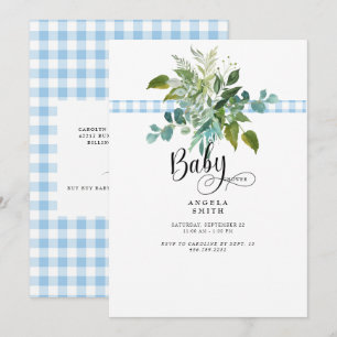 Invitation Baby shower de feuillage En vichy bleu doux Invita