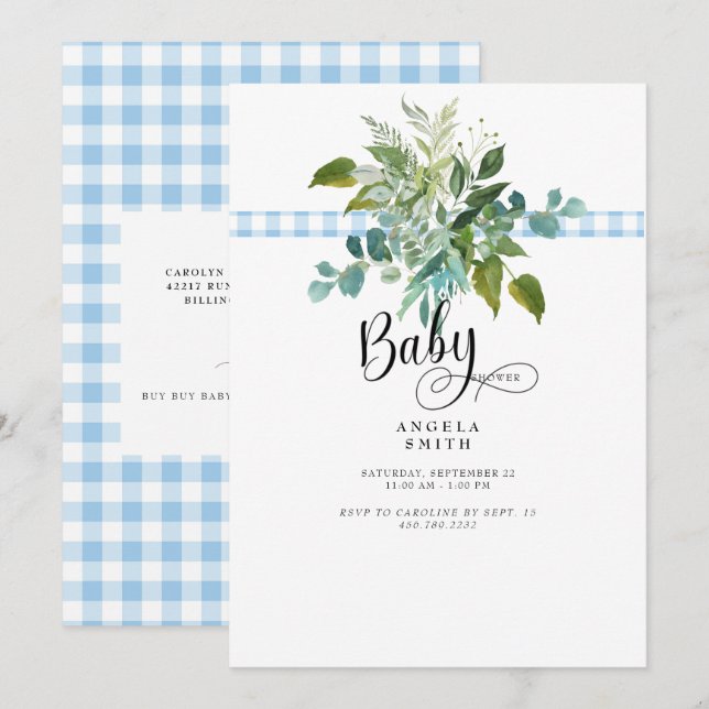 Invitation Baby shower de feuillage En vichy bleu doux Invita (Devant / Derrière)