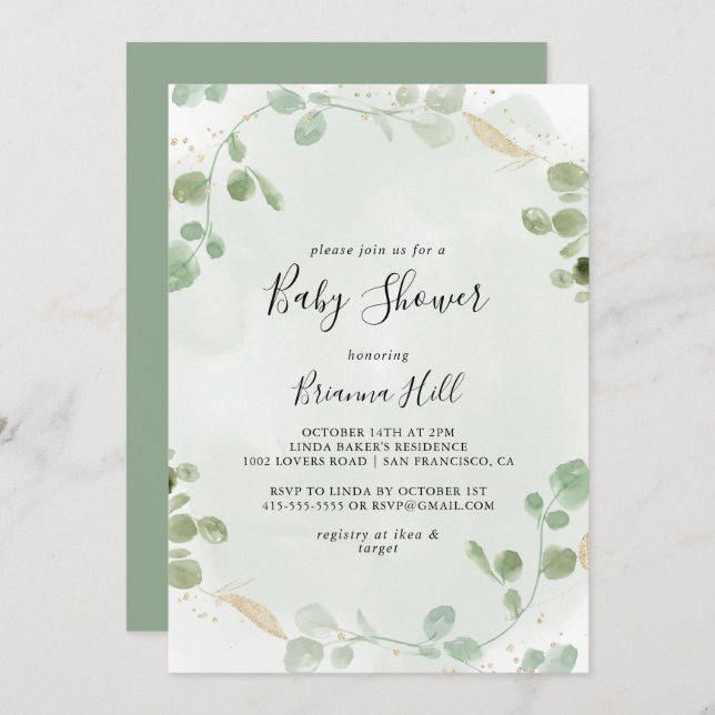 Invitation Baby shower de feuillage Gold Confetti Eucalyptus (Devant / Derrière)