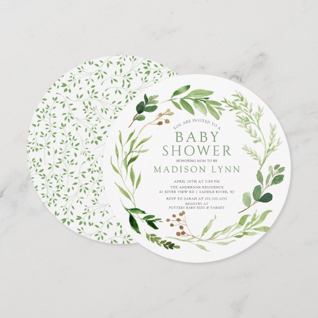 Invitation Baby shower de feuilles vertes botaniques (Devant / Derrière)