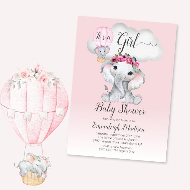 Invitation Baby shower de fille à ballons éléphants | Roses r (Créateur téléchargé)