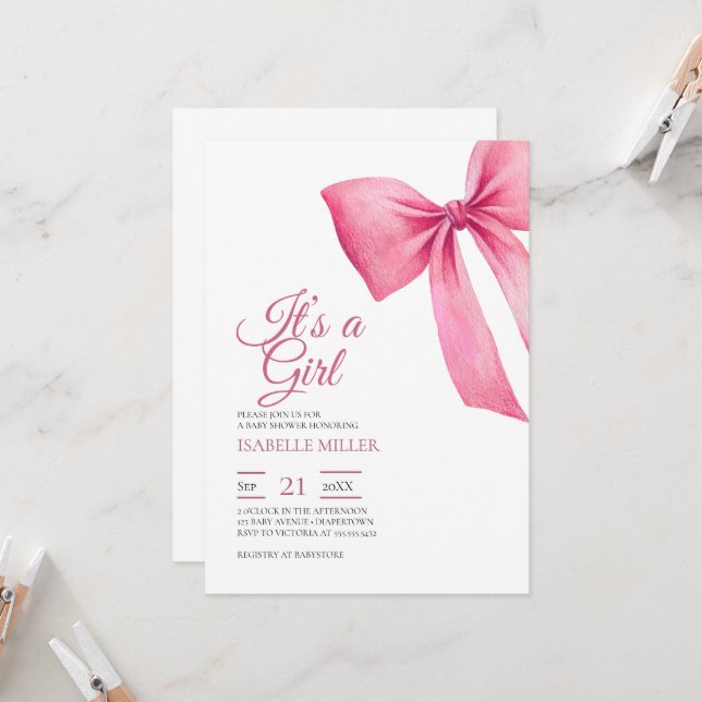 Invitation Baby shower de fille à la cou rose (Devant/Arrière en situation)